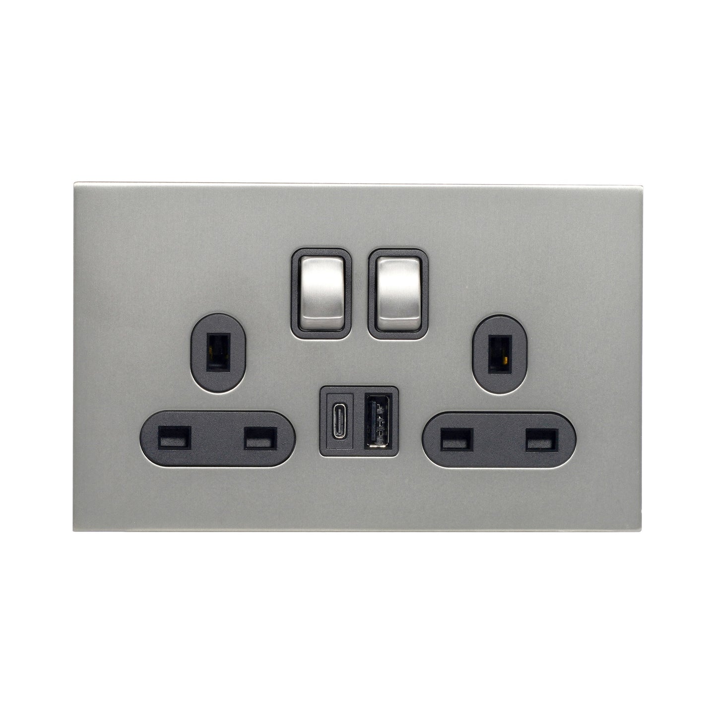 Double UK Socket 13A – On/Off + USB + Type-C – Stainless Steel