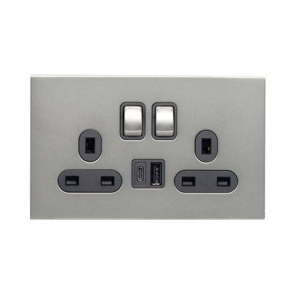 Double UK Socket 13A – On/Off + USB + Type-C – Stainless Steel