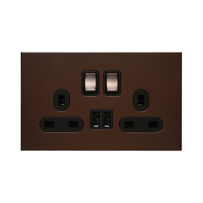 Double UK Socket 13A – On/Off + 2USB – Stainless Steel