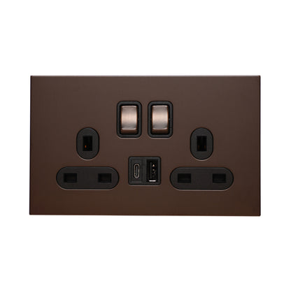 Double UK Socket 13A – On/Off + USB + Type-C – Stainless Steel