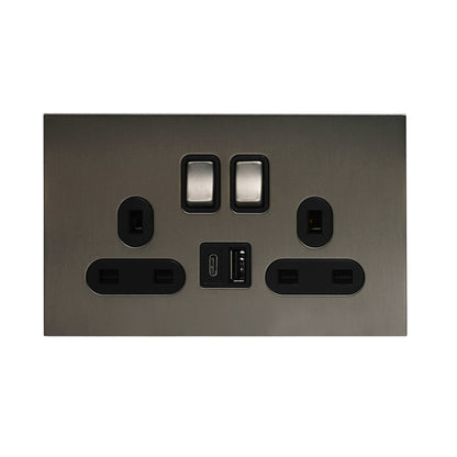 Double UK Socket 13A – On/Off + USB + Type-C – Stainless Steel