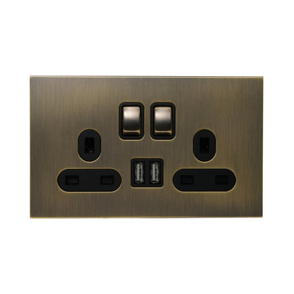 Double UK Socket 13A – On/Off + 2USB – Stainless Steel