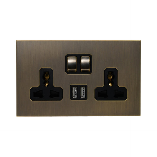 Double MF Socket 13A – On/Off + 2 USB – Stainless Steel