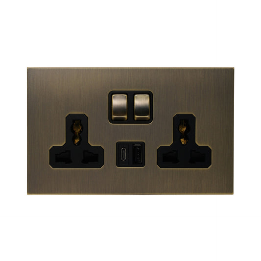 Double MF Socket 13A – On/Off + USB + Type-C – Stainless Steel