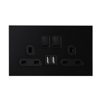 Double UK Socket 13A – On/Off + 2USB – Stainless Steel