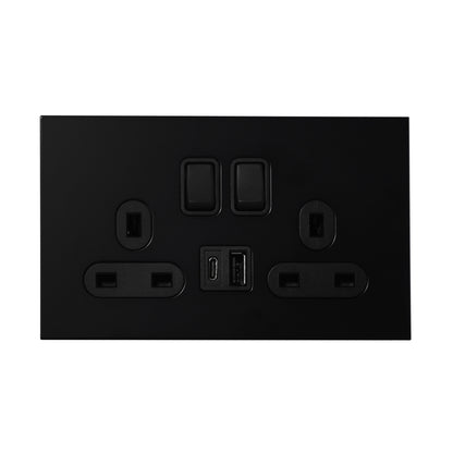 Double UK Socket 13A – On/Off + USB + Type-C – Stainless Steel