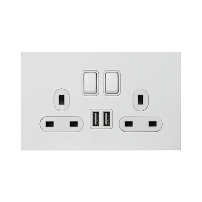 Double UK Socket 13A – On/Off + 2USB – Stainless Steel