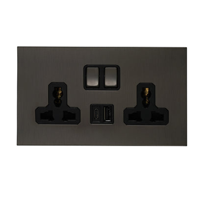 Double MF Socket 13A – On/Off + USB + Type-C – Stainless Steel
