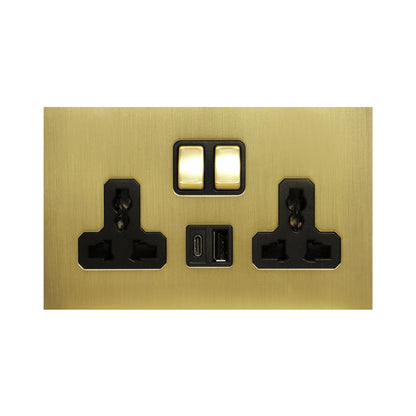 Double MF Socket 13A – On/Off + USB + Type-C – Stainless Steel