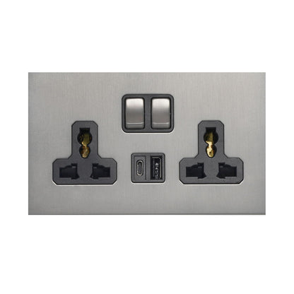 Double MF Socket 13A – On/Off + USB + Type-C – Stainless Steel