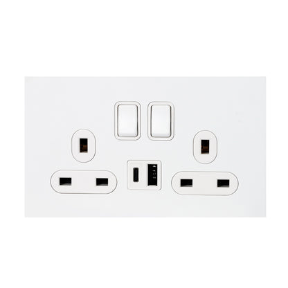 Double MF Socket 13A – On/Off + USB + Type-C – Stainless Steel