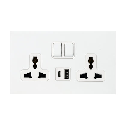Double MF Socket 13A – On/Off + USB + Type-C – Stainless Steel