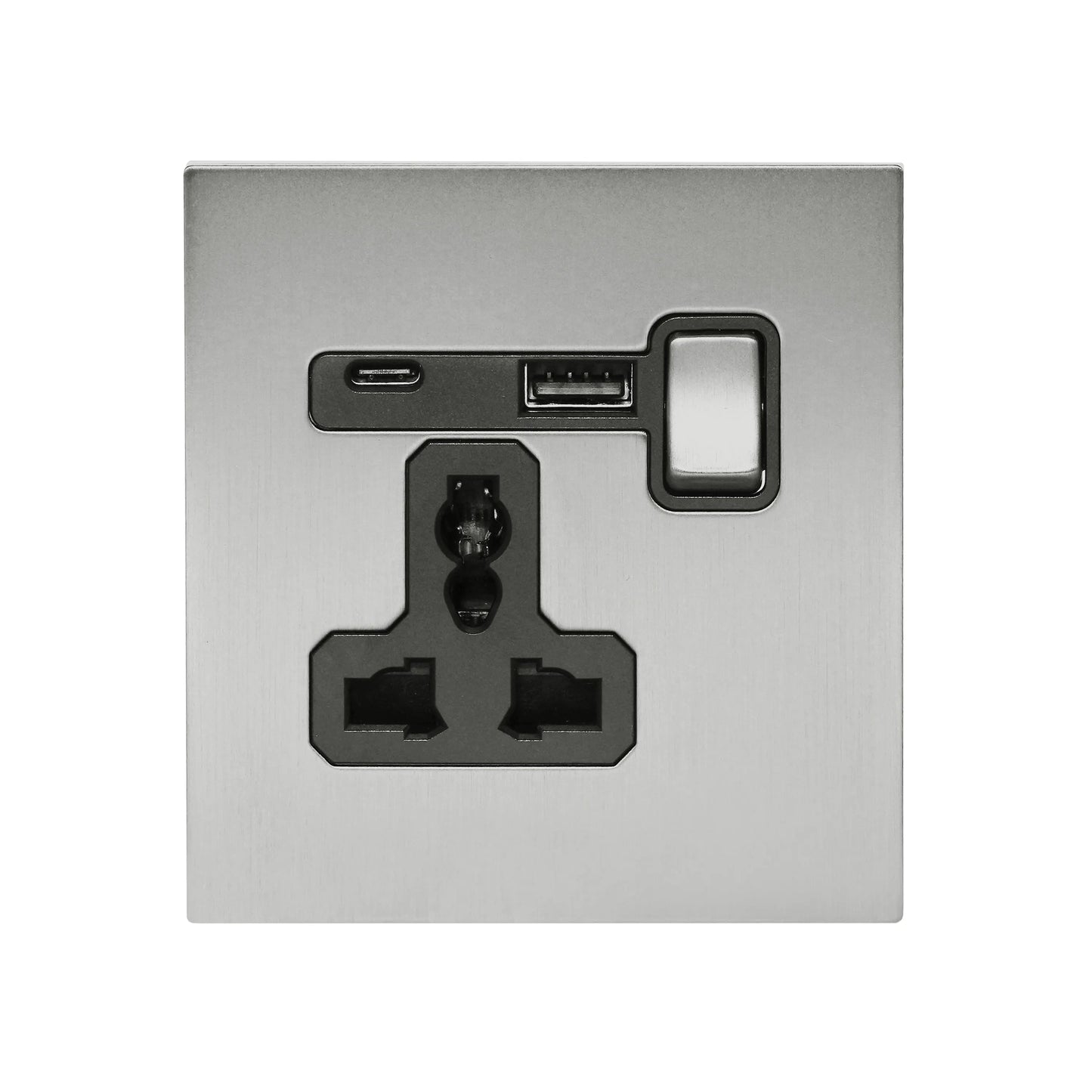 Single MF Socket 13A – On/Off + USB + Type-C – Stainless Steel
