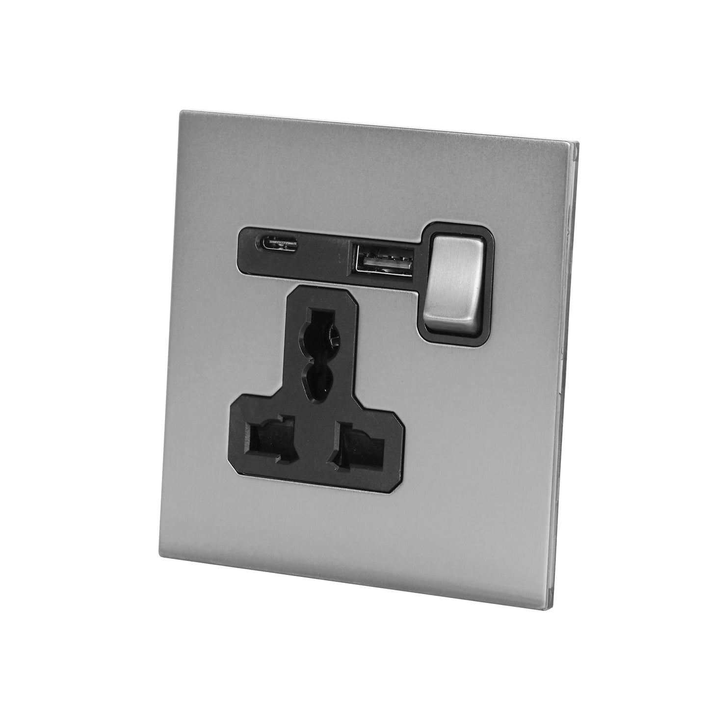 Single MF Socket 13A – On/Off + USB + Type-C – Stainless Steel