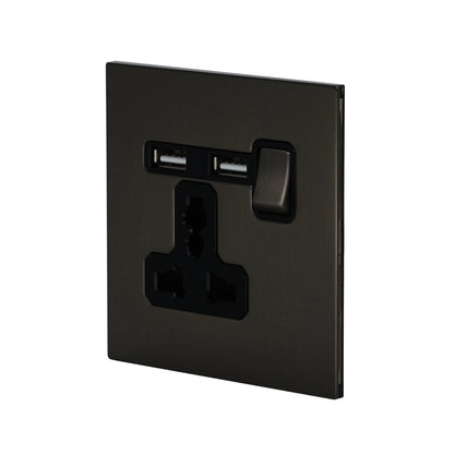 Single MF Socket 13A – On/Off + 2USB – Stainless Steel