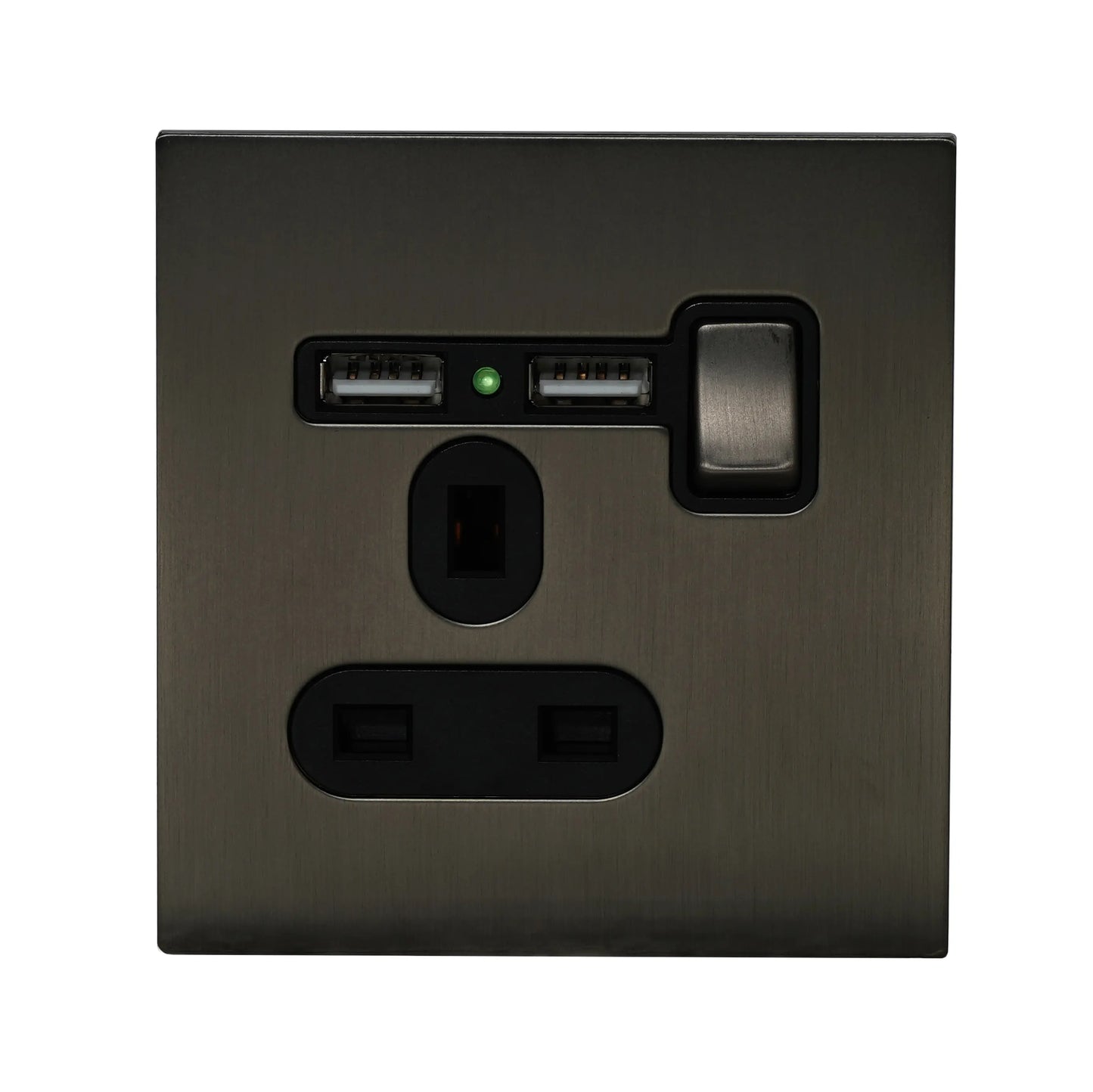 Single UK Socket 13A – On/Off + 2USB – Stainless Steel