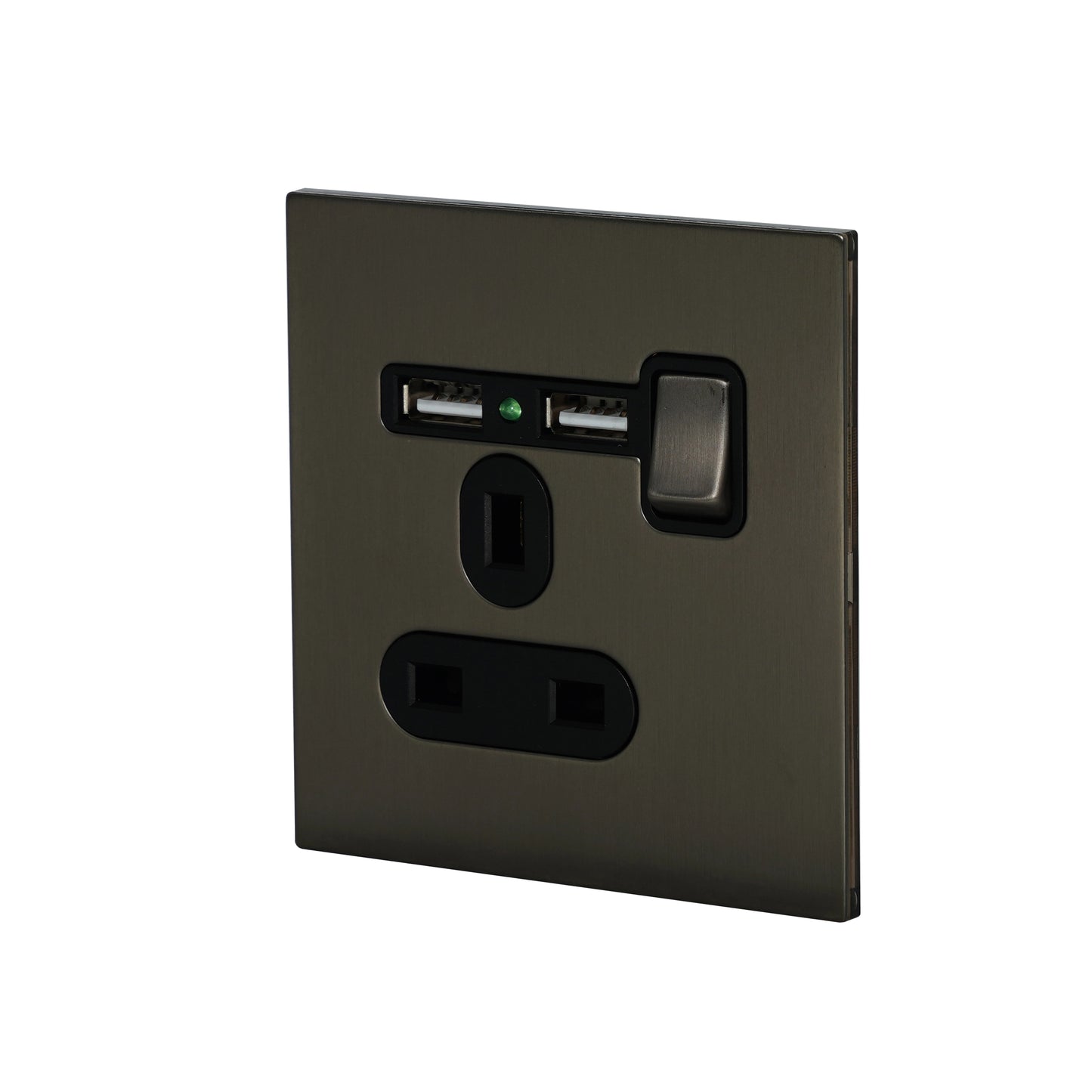 Single UK Socket 13A – On/Off + 2USB – Stainless Steel