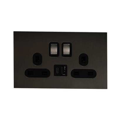 Double UK Socket 13A – On/Off + USB + Type-C – Stainless Steel