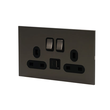Double MF Socket 13A – On/Off + USB + Type-C – Stainless Steel