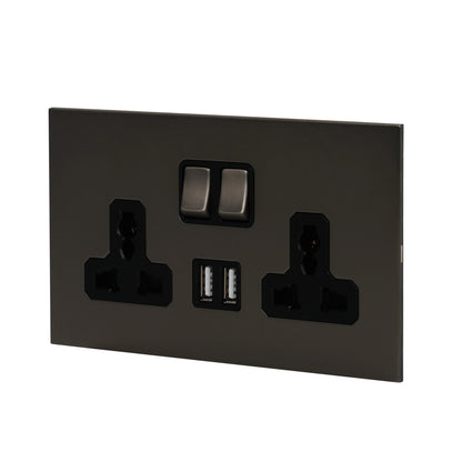 Double MF Socket 13A – On/Off + 2 USB – Stainless Steel