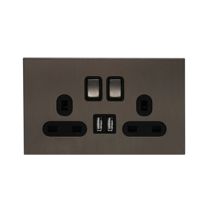 Double UK Socket 13A – On/Off + 2USB – Stainless Steel