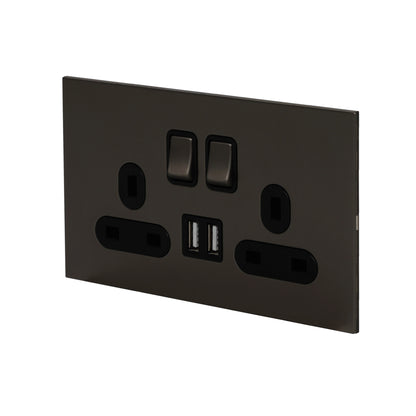 Double UK Socket 13A – On/Off + 2USB – Stainless Steel
