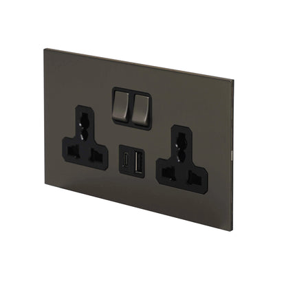 Double MF Socket 13A – On/Off + USB + Type-C – Stainless Steel