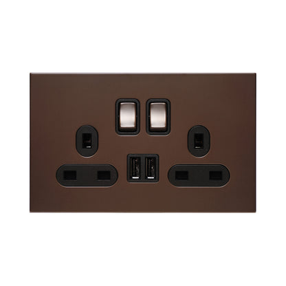 Double UK Socket 13A – On/Off + 2USB – Stainless Steel