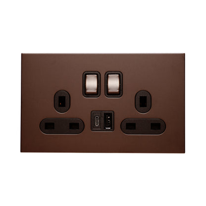 Double MF Socket 13A – On/Off + USB + Type-C – Stainless Steel