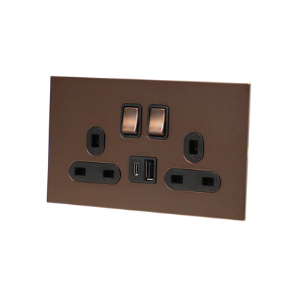 Double UK Socket 13A – On/Off + USB + Type-C – Stainless Steel