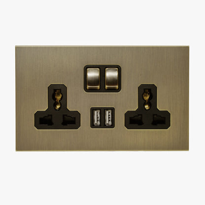 Double MF Socket 13A – On/Off + 2 USB – Stainless Steel