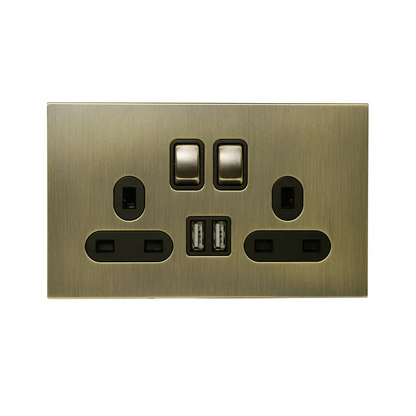 Double UK Socket 13A – On/Off + 2USB – Stainless Steel