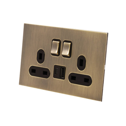 Double UK Socket 13A – On/Off + USB + Type-C – Stainless Steel
