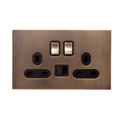 Double MF Socket 13A – On/Off + USB + Type-C – Stainless Steel