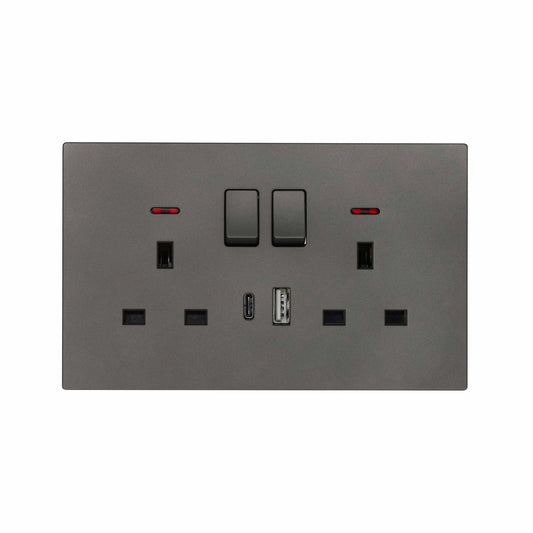Double UK Socket 13A – USB + Type-C (5V 2.1A) – Ultra Thin Plastic