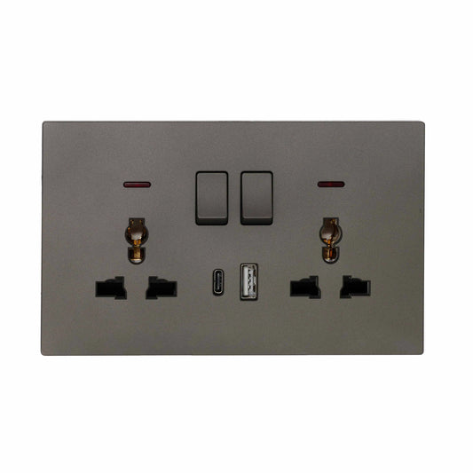 Double MF Socket 13A – USB + Type-C (5V 2.1A) – Ultra Thin Plastic