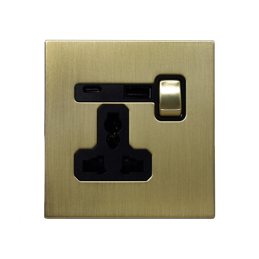 Single UK Socket 13A – On/Off + USB + Type-C – Stainless Steel