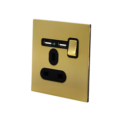 Single UK Socket 13A – On/Off + 2USB – Stainless Steel