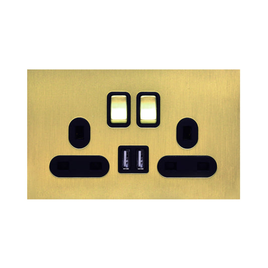 Double UK Socket 13A – On/Off + 2USB – Stainless Steel