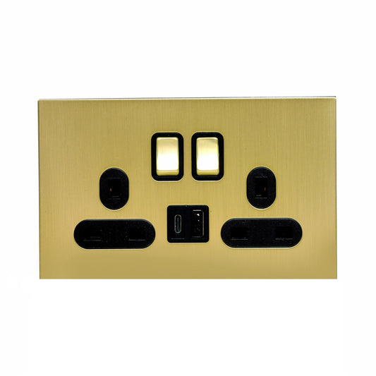 Double UK Socket 13A – On/Off + USB + Type-C – Stainless Steel