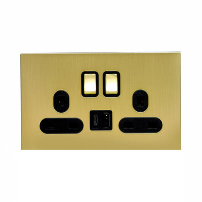 Double MF Socket 13A – On/Off + USB + Type-C – Stainless Steel