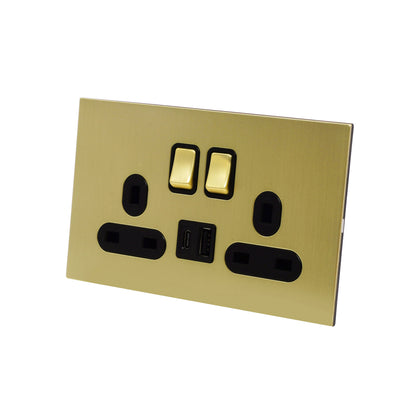 Double UK Socket 13A – On/Off + USB + Type-C – Stainless Steel