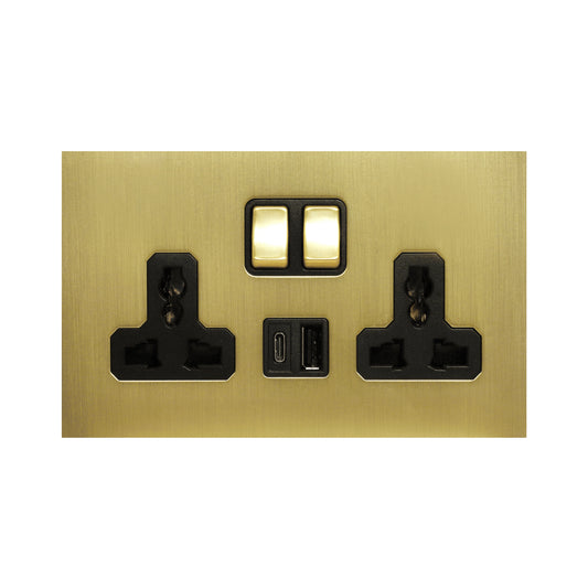 Double MF Socket 13A – On/Off + USB + Type-C – Stainless Steel