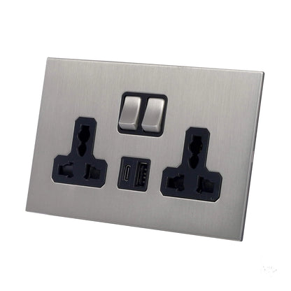 Double MF Socket 13A – On/Off + USB + Type-C – Stainless Steel