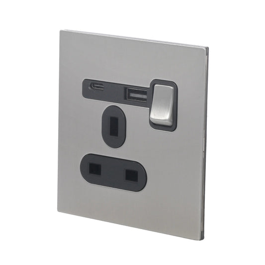 Single UK Socket 13A – On/Off + USB + Type-C – Stainless Steel