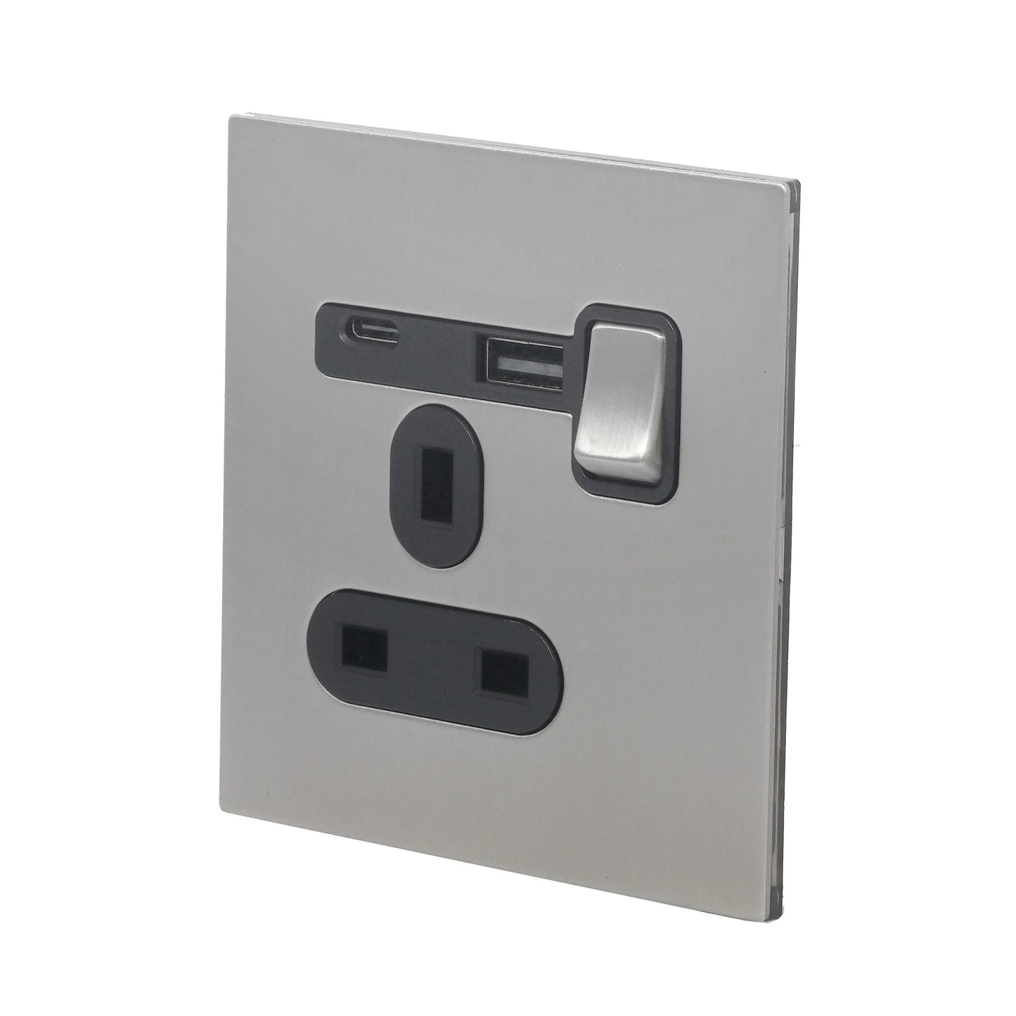 Single UK Socket 13A – On/Off + USB + Type-C – Stainless Steel