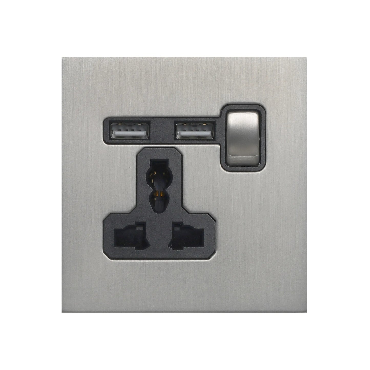 Single MF Socket 13A – On/Off + 2USB – Stainless Steel