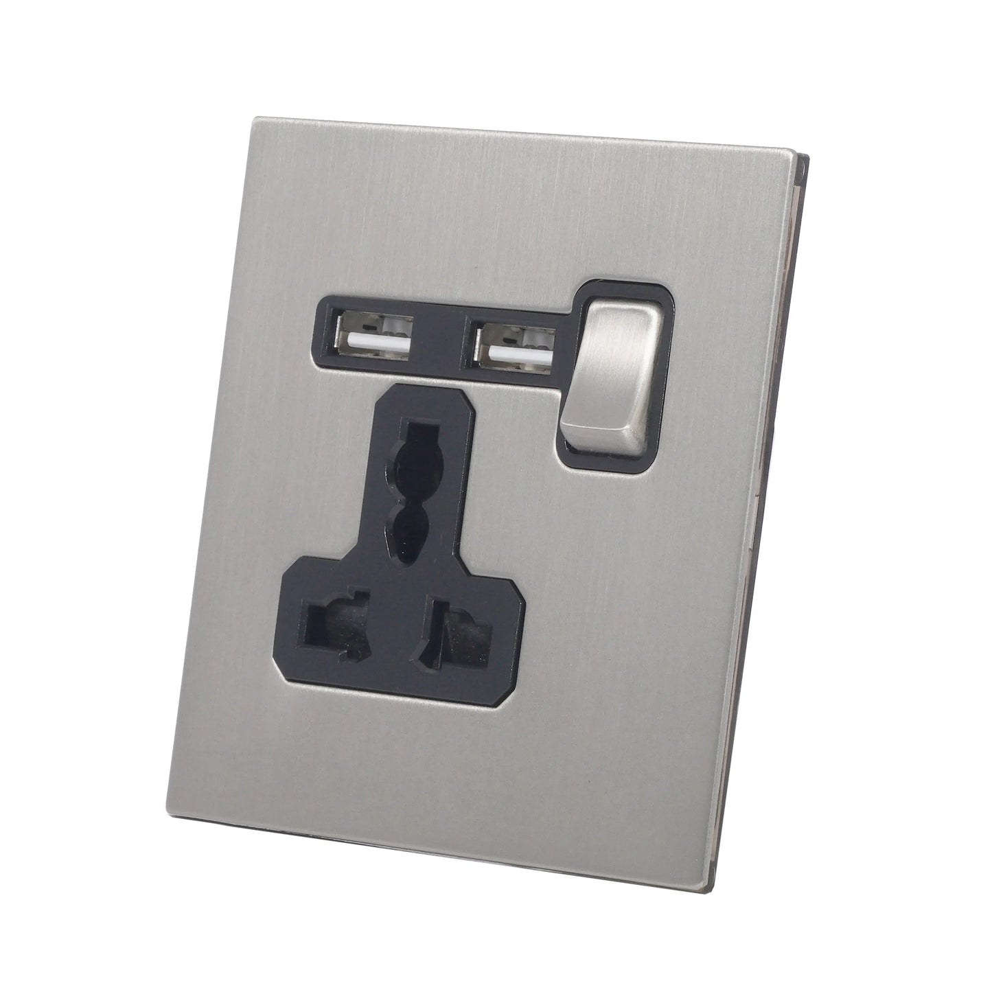 Single MF Socket 13A – On/Off + 2USB – Stainless Steel