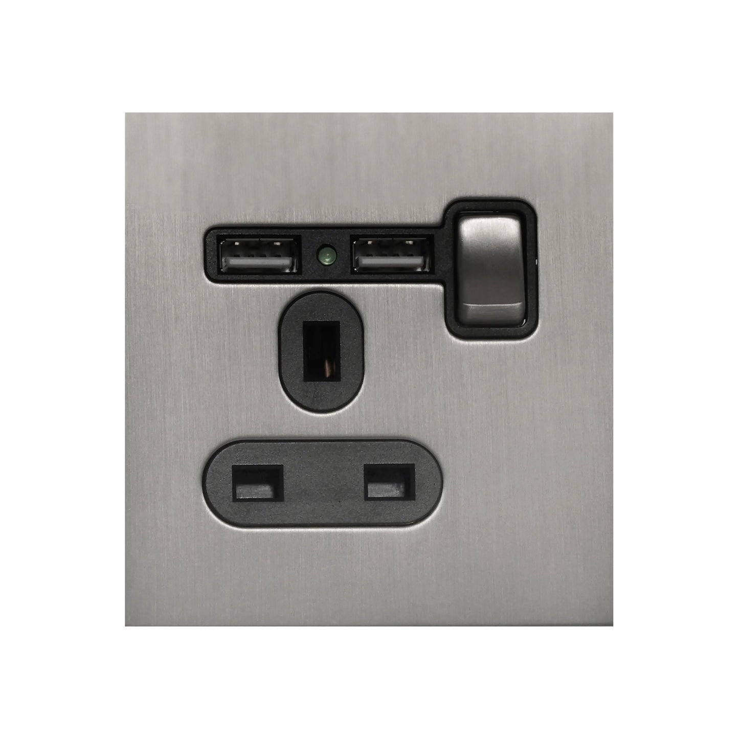 Single UK Socket 13A – On/Off + 2USB – Stainless Steel