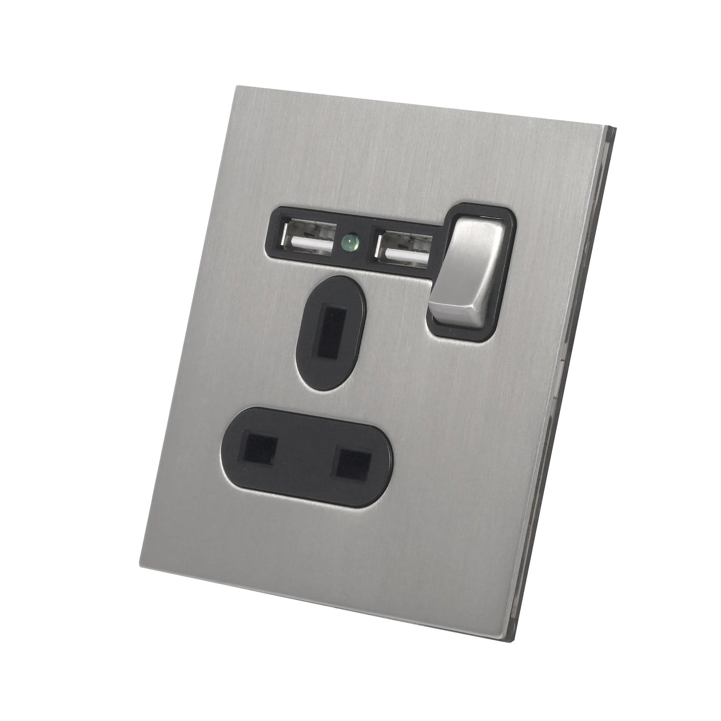 Single UK Socket 13A – On/Off + 2USB – Stainless Steel